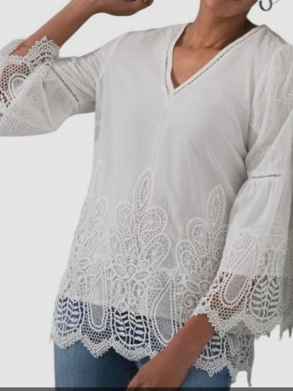 Chicos XL 100% Cotton Lace Broderie Eyelet V Neck Crochet Hem Flowy Preppy